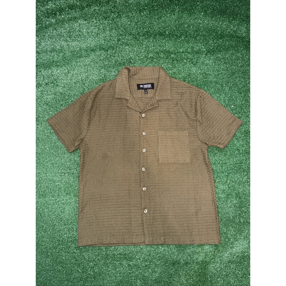 San Francisco Work Shirts Mens Small Olive Green‎ Textured Waffle Knit Button Up